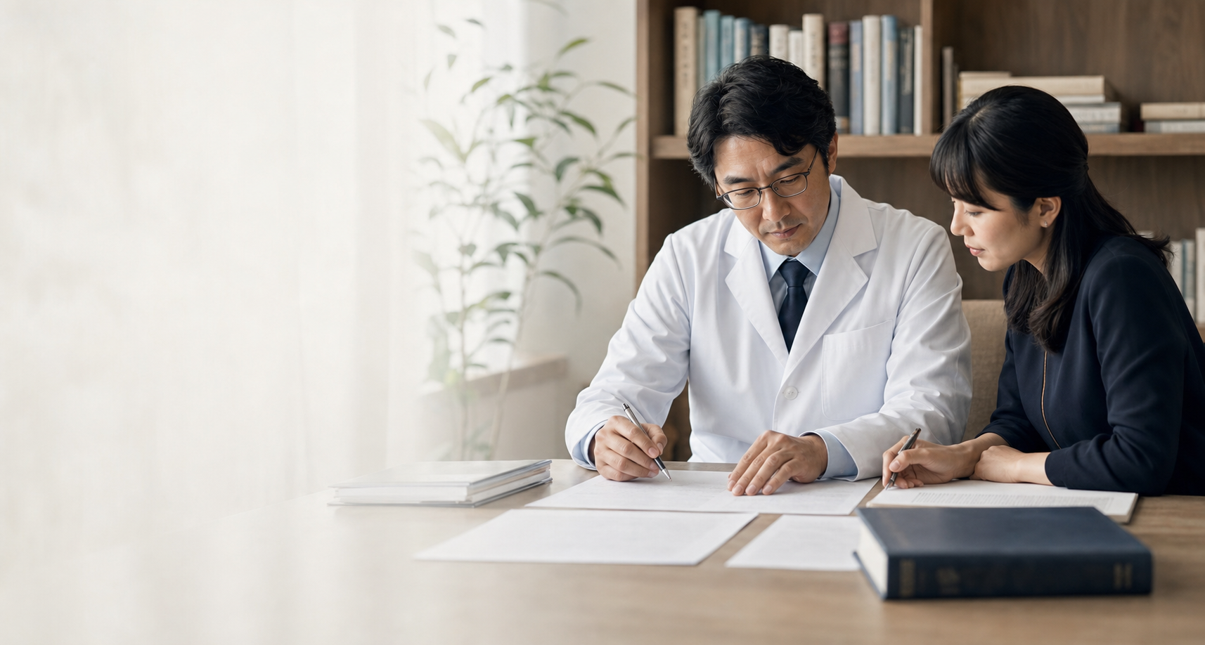 医師と編集者が医療記事の原稿を確認するイメージ